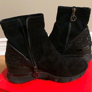 Black suede ankle boots.